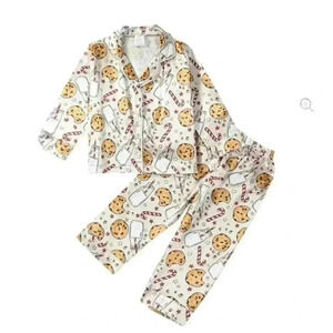 Christmas PJ Set, Candy Cane Cookie Print Long Sleeve Tops w/ Pants